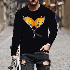Crew Neck Halloween Zippered Pumpkin Long Sleeve T-Shirt