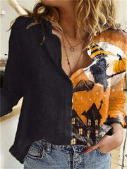 Halloween Cat Witch Contrast Color Blouse