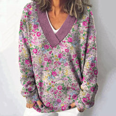 Vintage Floral Print V-Neck Long Sleeved Knitted Pullover Sweater