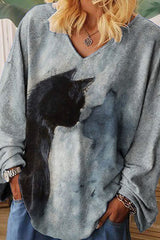 Watercolor Cat Print Loose T-Shirt