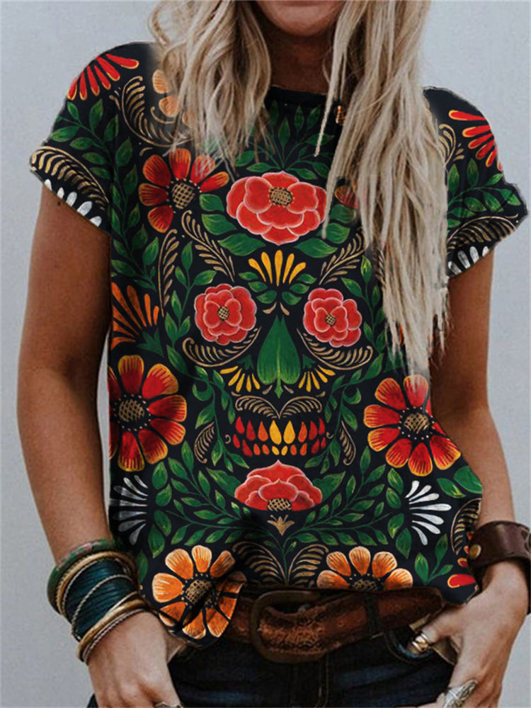 Day of the Dead Flower Skull Art Crew Neck T Shirt