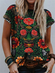 Day of the Dead Flower Skull Art Crew Neck T Shirt