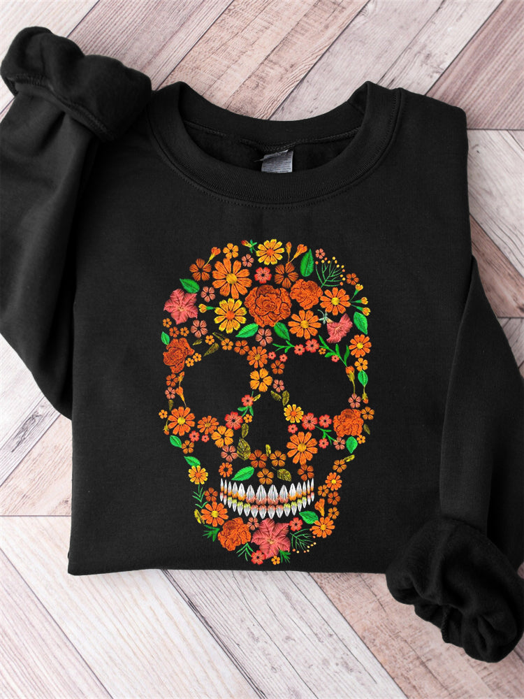 Floral Sugar Skull Embroidery Art Cozy Sweatshirt