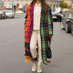 Long-Sleeved Color-Block Plaid Printed Woolen Coat