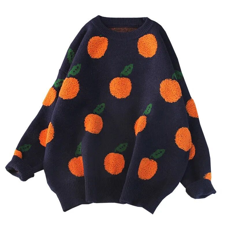 Orange Jacquard Casual Round Neck Sweater
