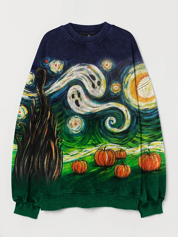 Halloween Starry Night Art Washed Sweatshirt