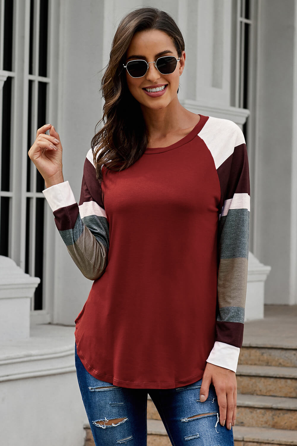 Women's Color Block Long Sleeves Burgundy Pullover Top
