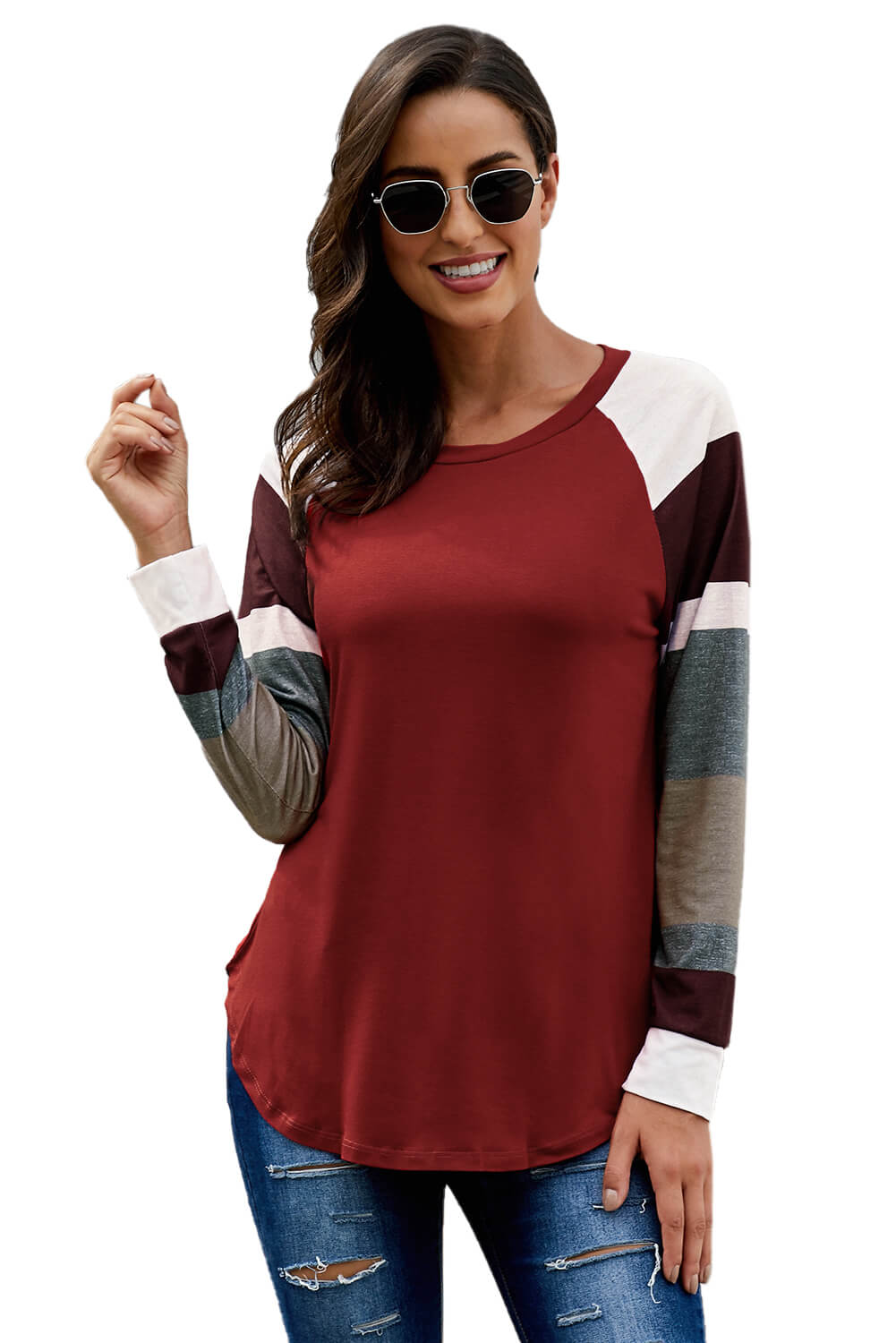 Women's Color Block Long Sleeves Burgundy Pullover Top