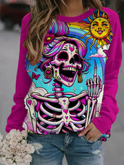 Mexican Day Of The Dead Skull Print Contrast Color Sweatshirt