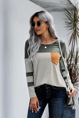 Women's Green Pinstripe Patch Pocket Long Sleeve Top