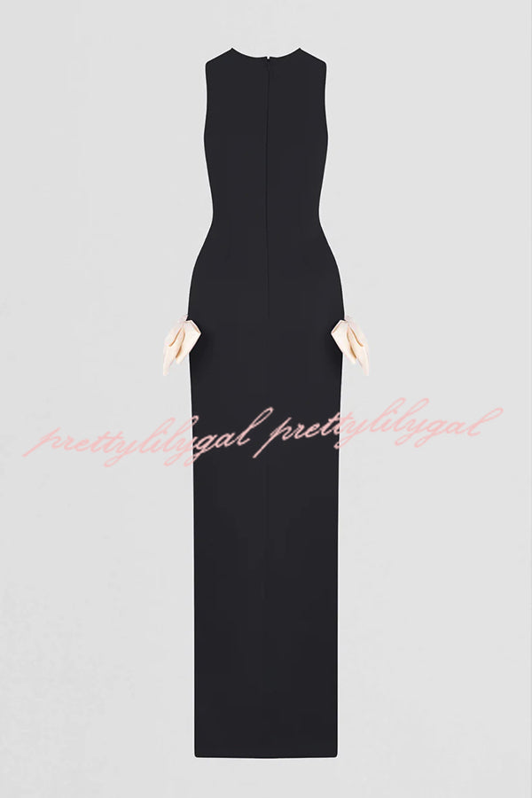 Sexy Sleeveless Round Neck Bow Detail Slim Fit Slit Maxi Dress