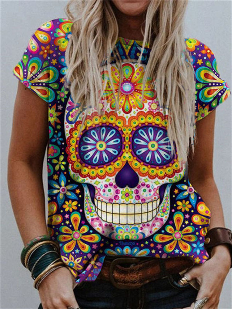 Floral Sugar Skull Print Crew Neck T Shirt