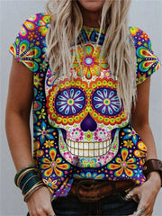 Floral Sugar Skull Print Crew Neck T Shirt