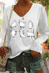 Funny Cat Print Long Sleeve V Neck T-Shirt