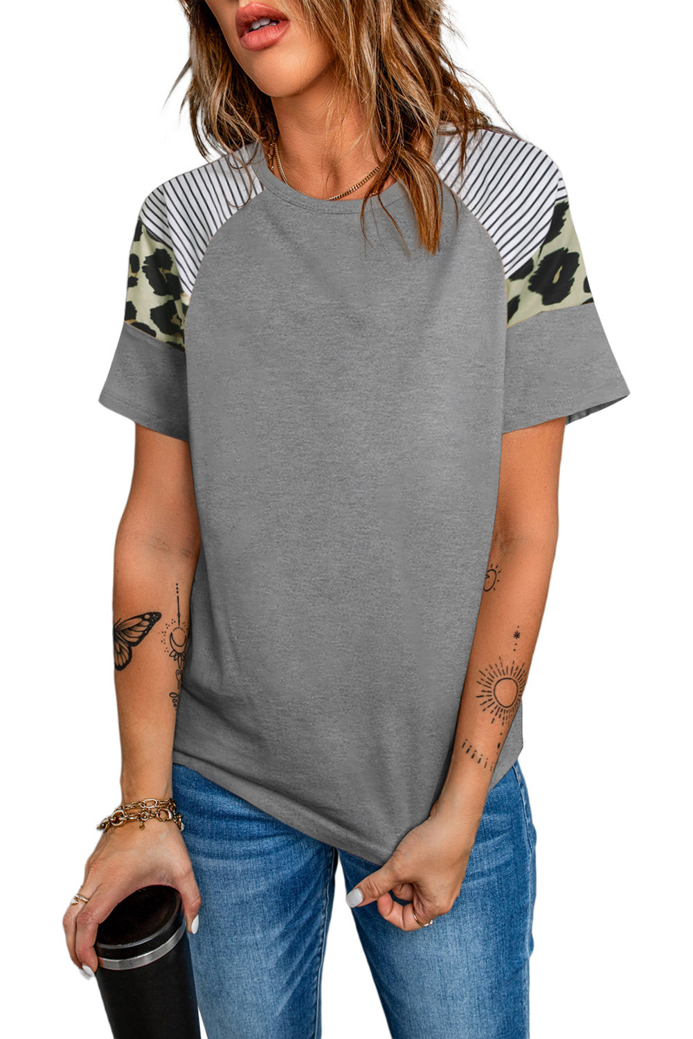 Women's Gray Striped Leopard Print Short Sleeve T-shirt For Women