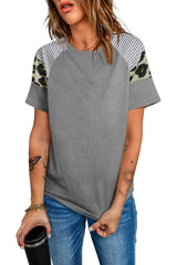 Women's Gray Striped Leopard Print Short Sleeve T-shirt For Women