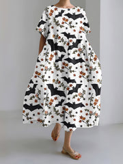 Halloween Bat Print Short Sleeve Loose Midi Dress