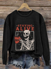 Staying Alive Skeleton Coffee Halloween Print Casual Sweatshirt