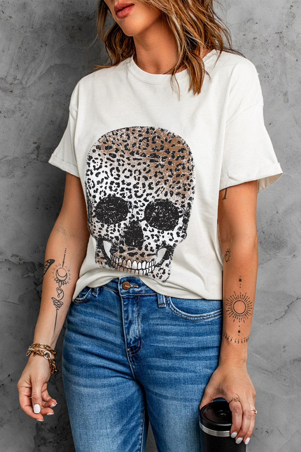 Women's Leopard Skull Graphic White T Shirt