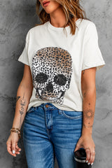 Women's Leopard Skull Graphic White T Shirt