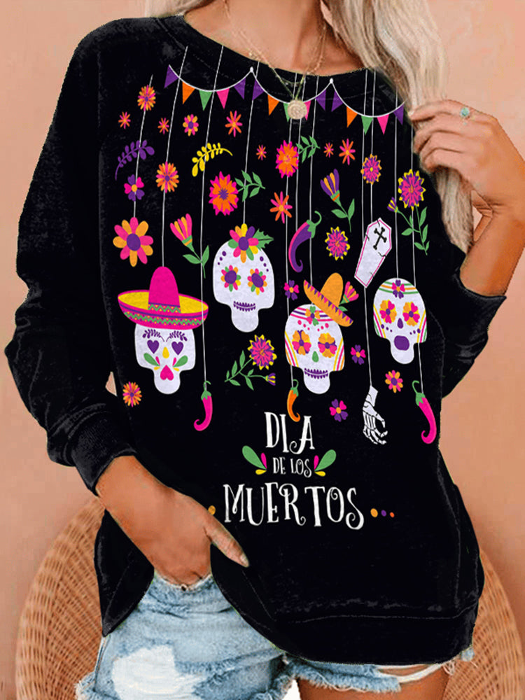 Casual Skull Print Crew Neck Sweatshirt