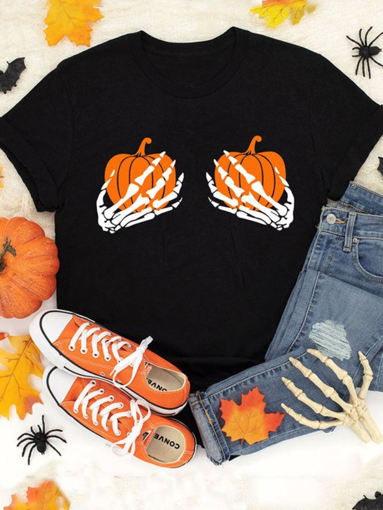 Halloween Skull Hand Pumpkin Print Casual Short Sleeve T Shirt