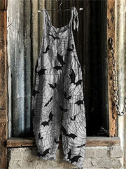 Halloween Bats on Spiderweb Graphic Loose Fit Jumpsuit