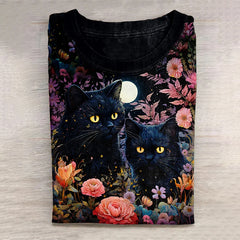 Floral Cat Art Print Casual T-Shirt