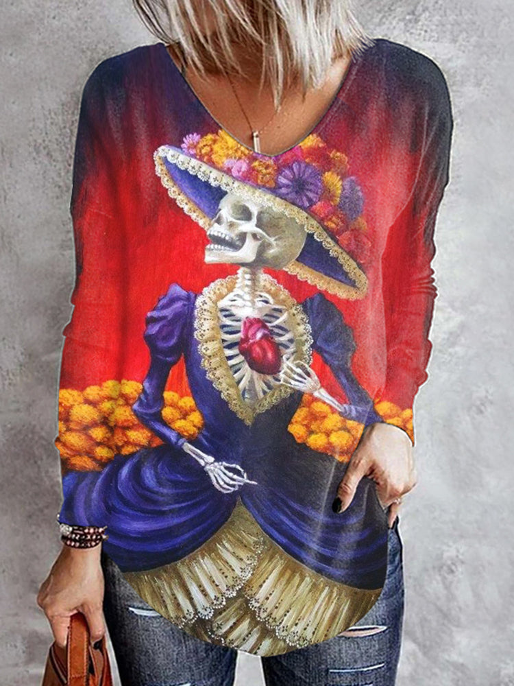 Skull Bridal Print Long Sleeve T-Shirt