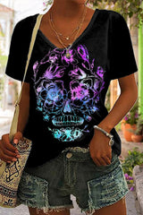 Floral Gradient Skull Print Short Sleeve T-Shirt