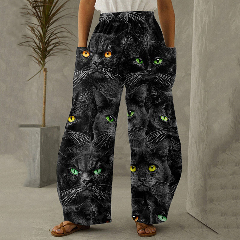 Cool Black Cat Print Women's Casual Pants
