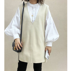 V-neck mid-length vest woolen vest