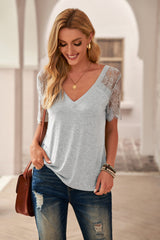 Women's Gray Sweet Side Lace Short Sleeve Deep V Neck T-shirt
