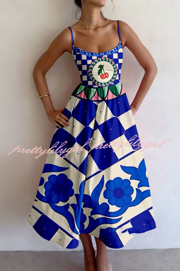 Colorful Unique Printed Sexy Suspender Slim Midi Dress