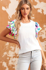 Women's White Printed Puff Sleeve Textured Top