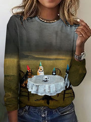 Halloween Animal Party Pattern Round Neck Long-Sleeved T-Shirt