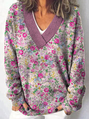 Vintage Floral Print V-Neck Long Sleeved Knitted Pullover Sweater