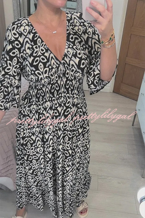 Fairytale Song Bohemian Print Stretch Frill Sleeve Loose Maxi Dress
