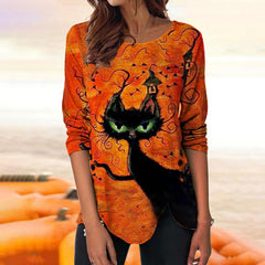 Halloween Cat Print Long Sleeve Casual T-Shirt