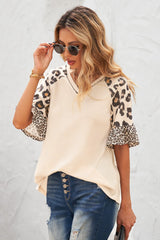 Women's Mixed Leopard Ruffle Sleeve Waffle V Neck Knit Top