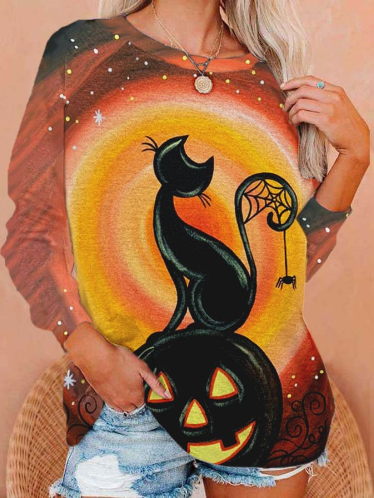 Halloween Cat Pumpkin Print Long Sleeve Sweatshirt