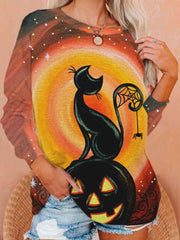 Halloween Cat Pumpkin Print Long Sleeve Sweatshirt