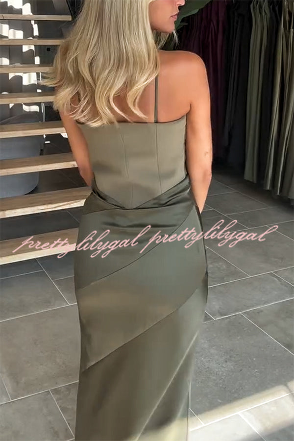 Dreya Satin Patchwork Cross Shoulder Straps Gown Maxi Dress
