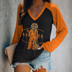 Halloween Cartoon Pumpkin Monster V-Neck Long Sleeve T-Shirt