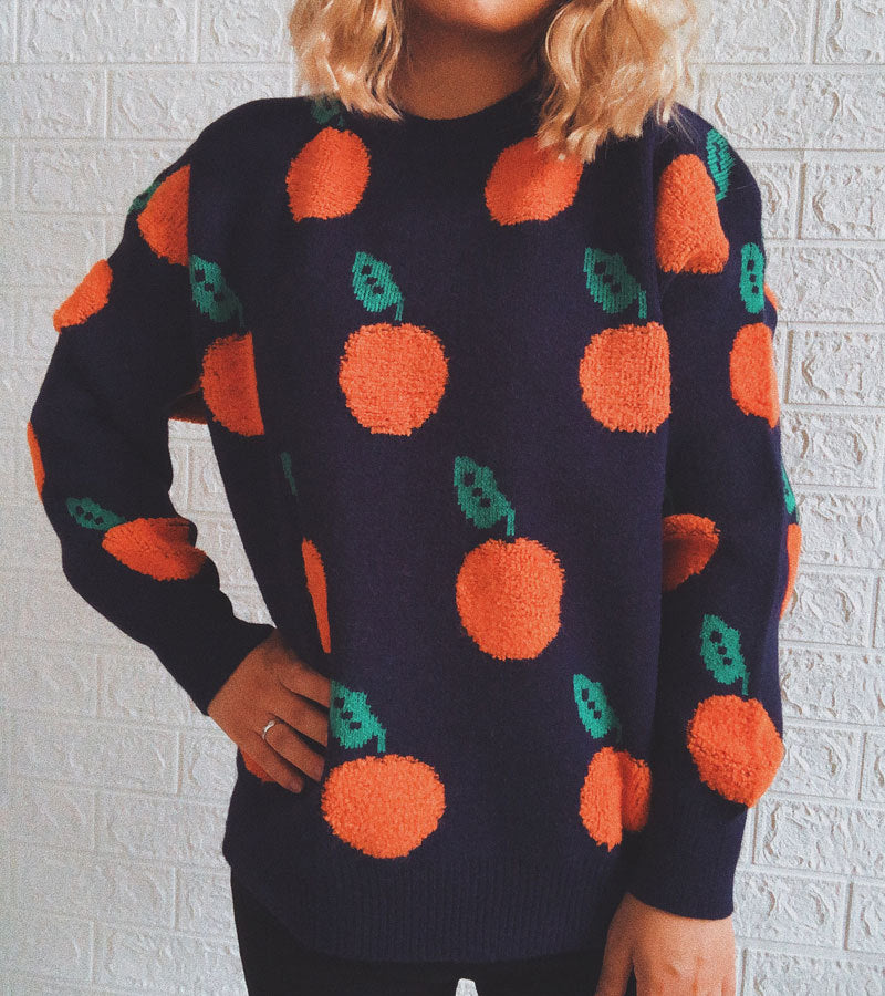 Orange Jacquard Casual Round Neck Sweater