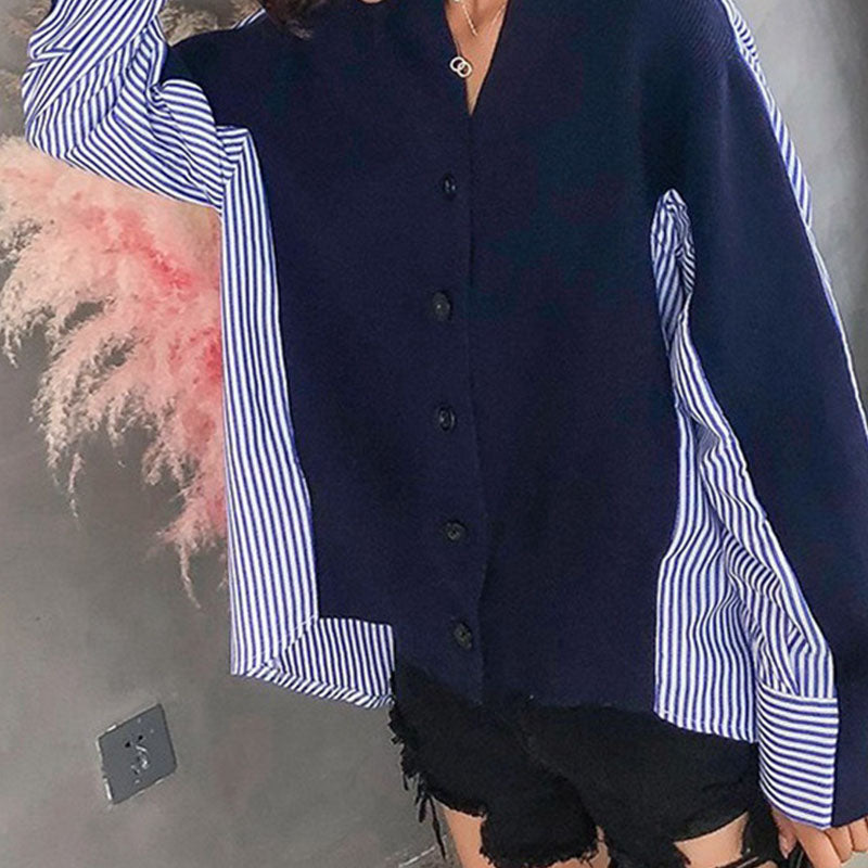 V-neck loose fake two-piece knitted cardigan