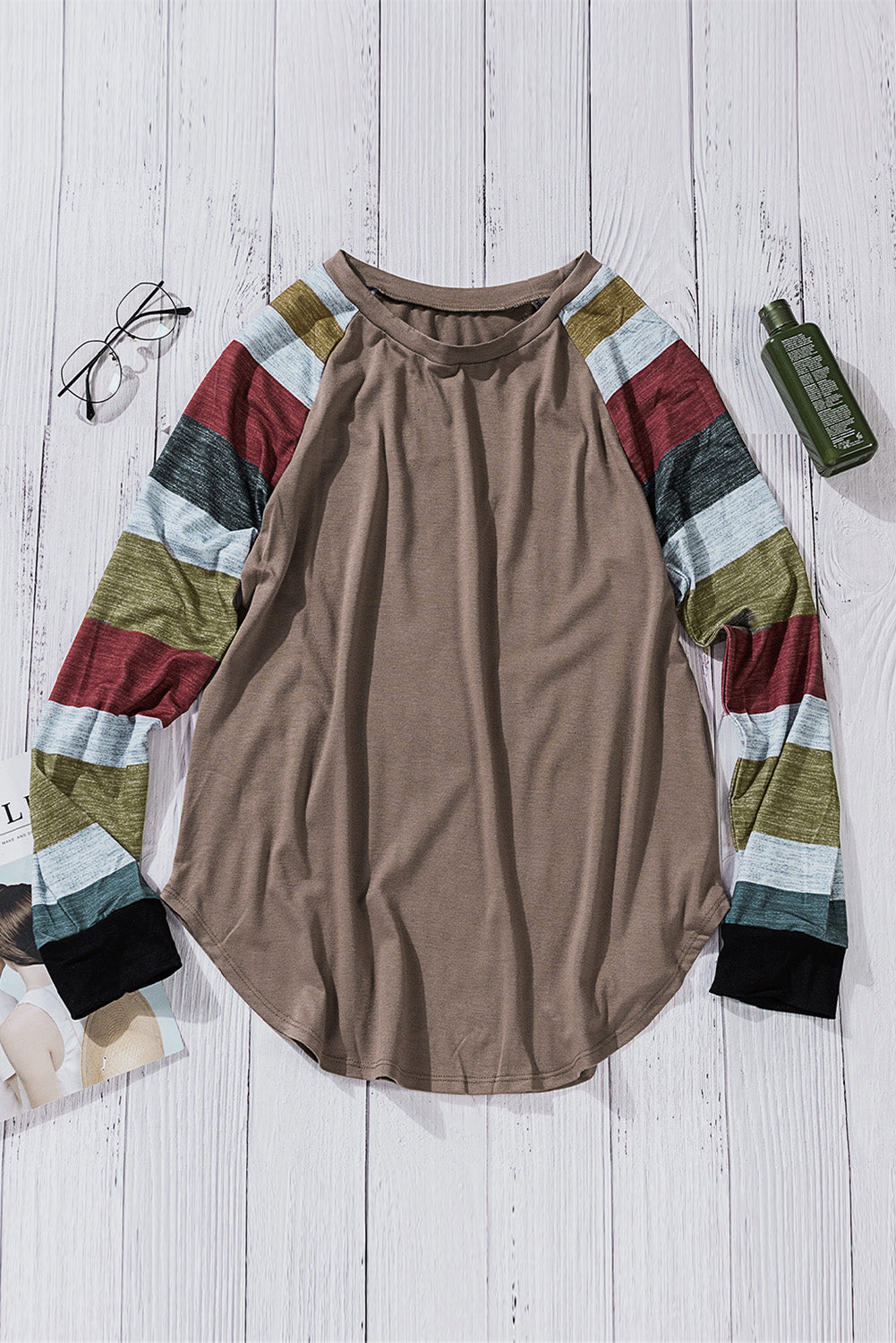 Women's Brown Color Block Long Sleeves Pullover Top