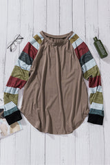 Women's Brown Color Block Long Sleeves Pullover Top