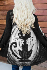 Contrast Cat Print Long Sleeve Cardigan