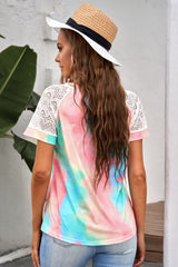 Women's Multicolor Short Sleeve Bright Tie-dye Crochet Raglan Tee